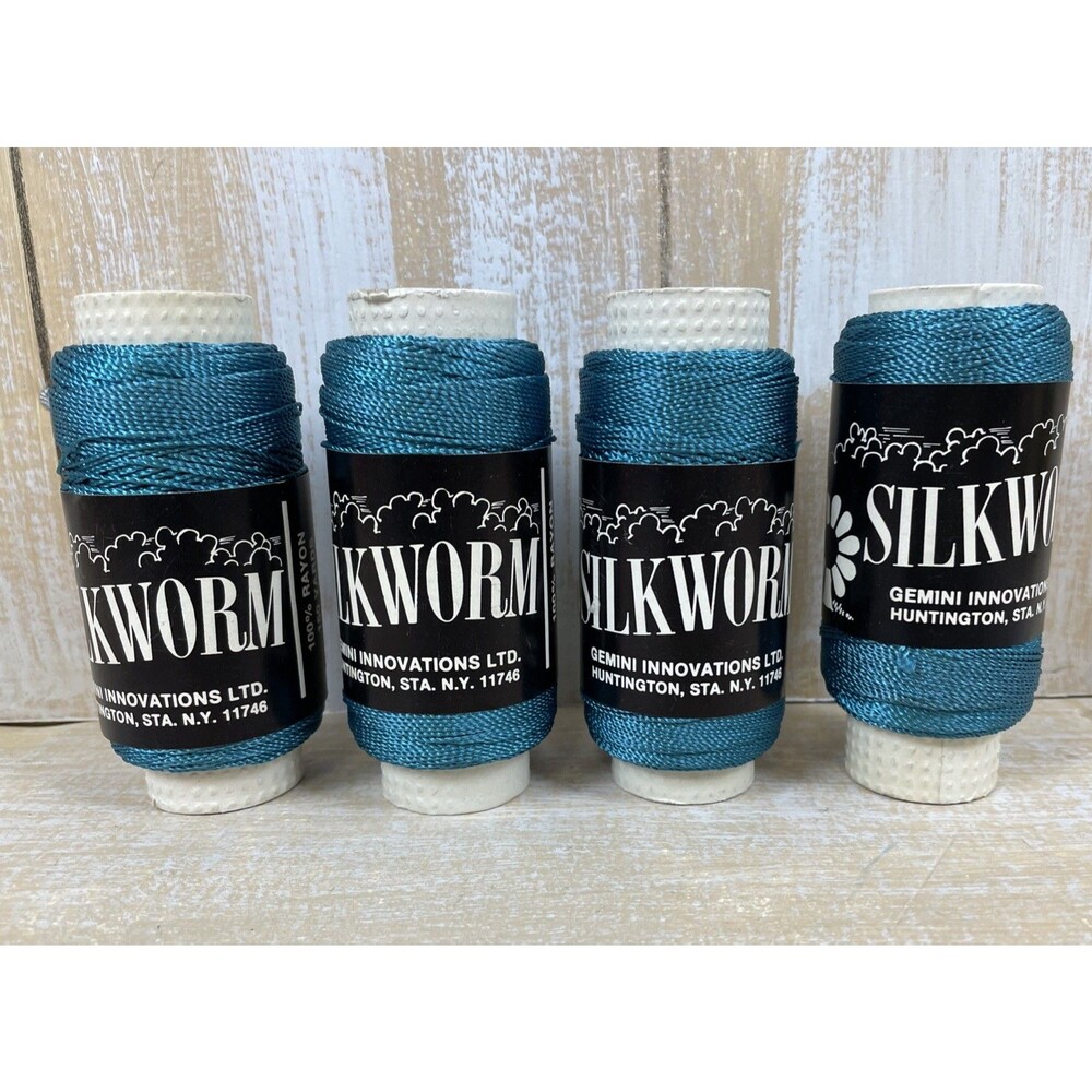 Vintage Set of 4 Gemini Innovations Silkworm Yarn Skeins Teal Rayon 150 Yards